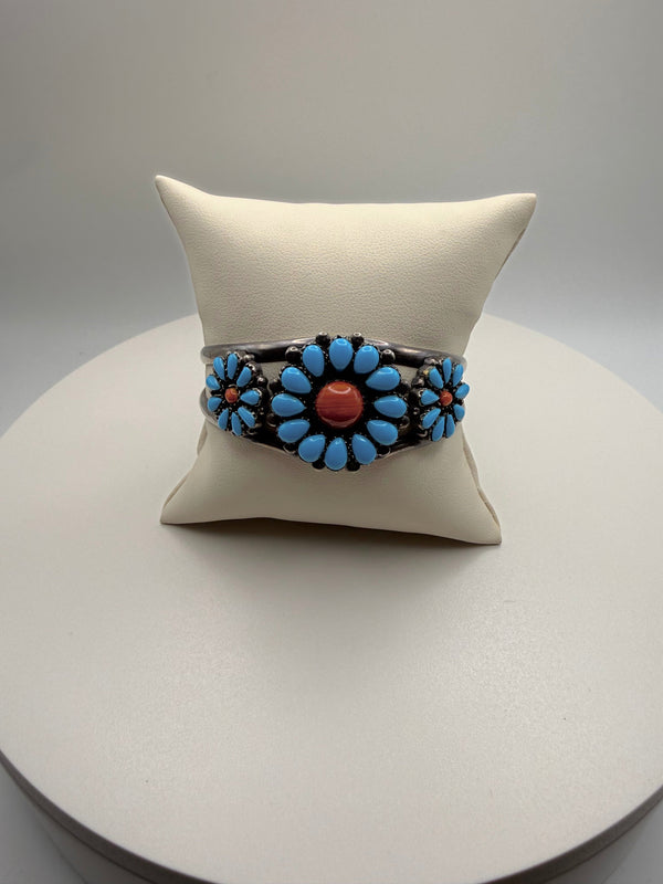 Needlepoint Turquoise and Coral Bracelet