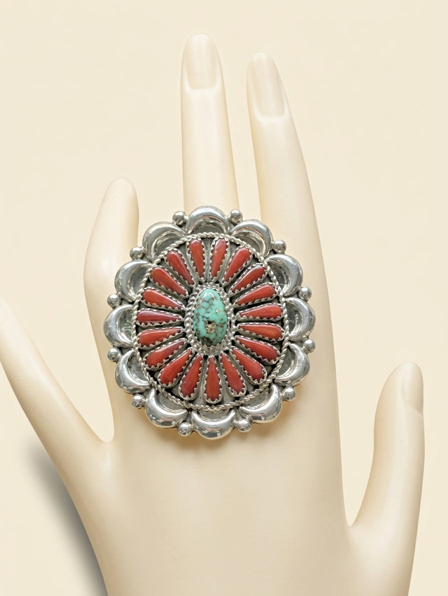 Red Coral Sonoran Gold Turquoise Cluster Adjustable Ring, Divine West Gallery