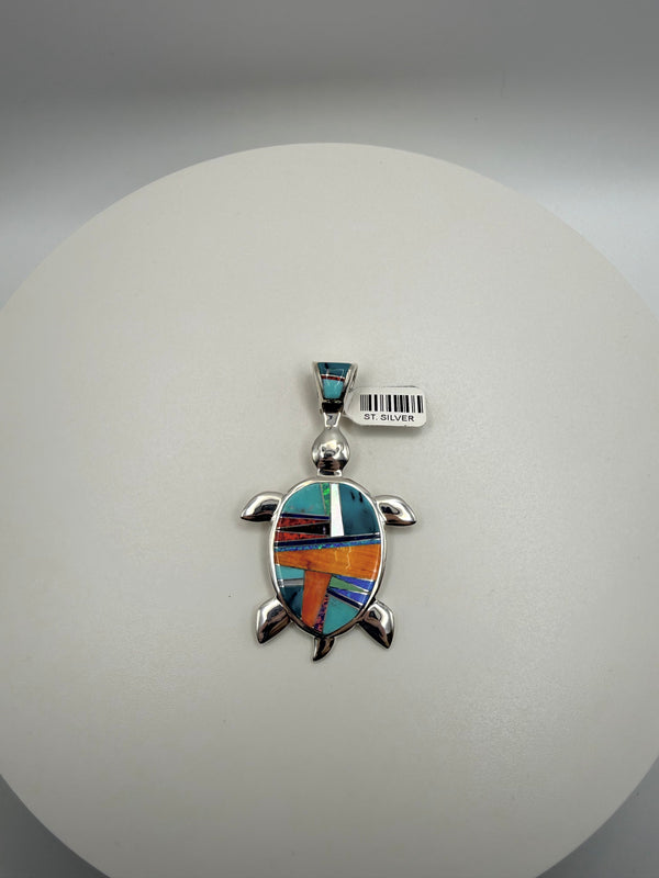 Multi-Stone Inlay Turtle Pendant