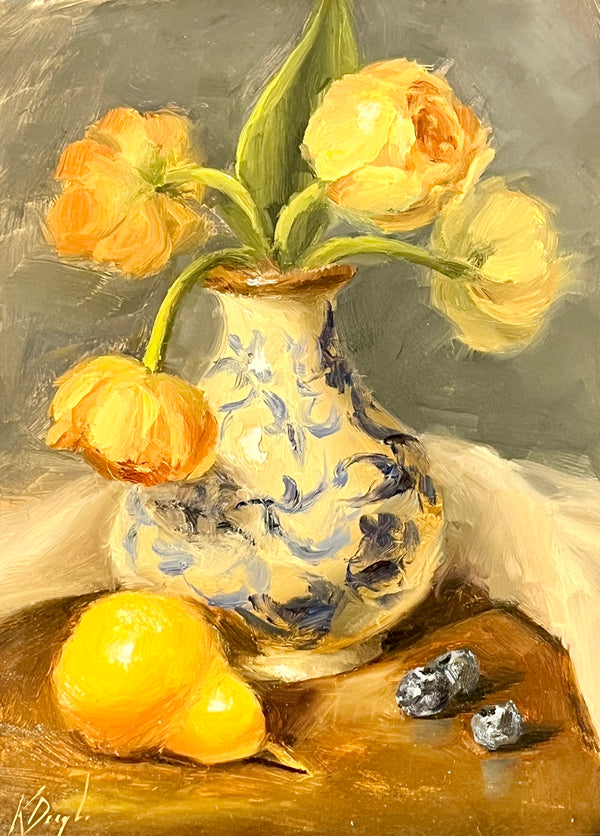 Peony Tulips in Blue Vase