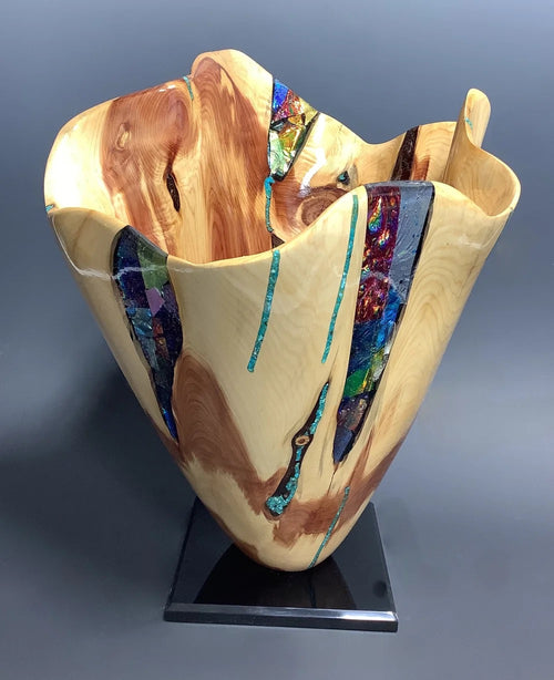 Purple Heart Jumper Vase #12 w/Dichroic Glass and Turquoise