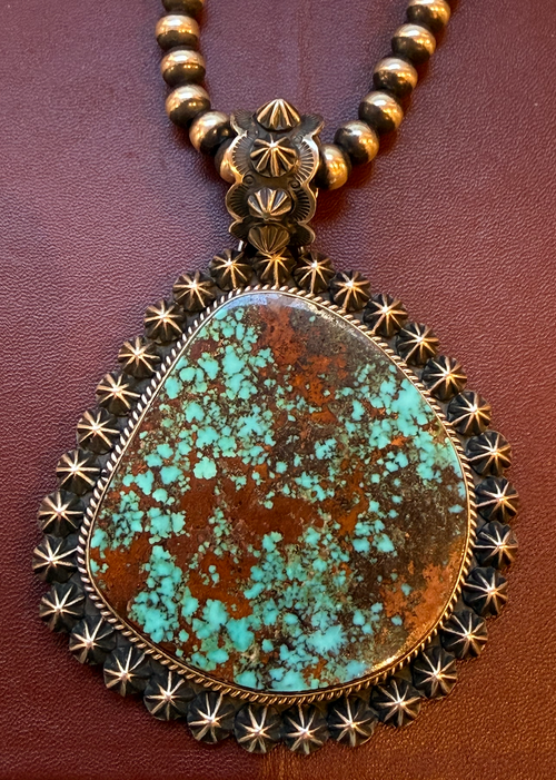 Daryll Becenti King's Manassa Turquoise Pendant w/ Navajo Pearl Necklace