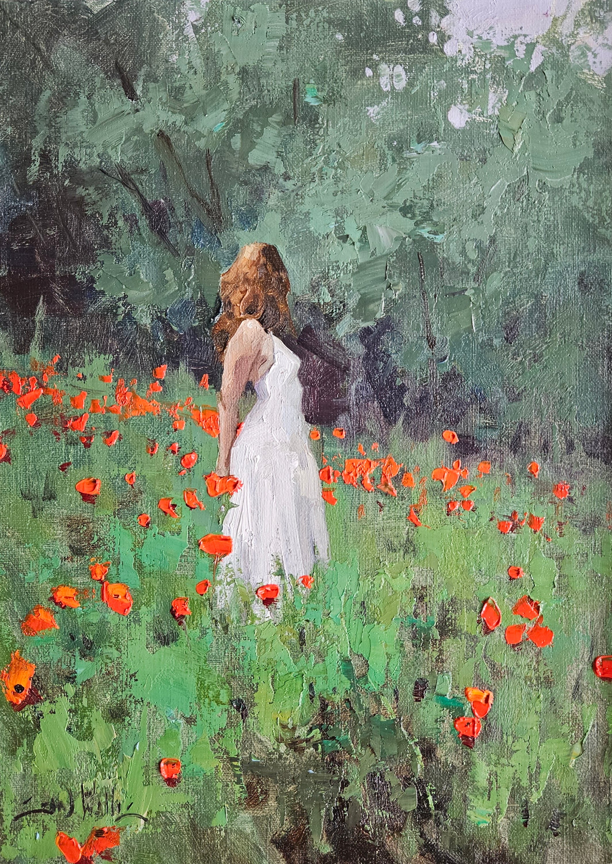 Hidden Among the Poppies, oil painting by Sean Wallis, 16 by 12 inches