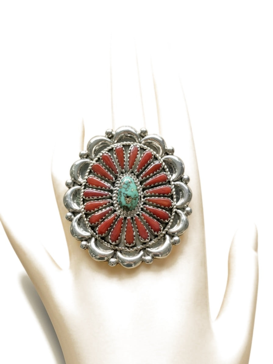 Red Coral Sonoran Gold Turquoise Cluster Adjustable Ring, Divine West Gallery