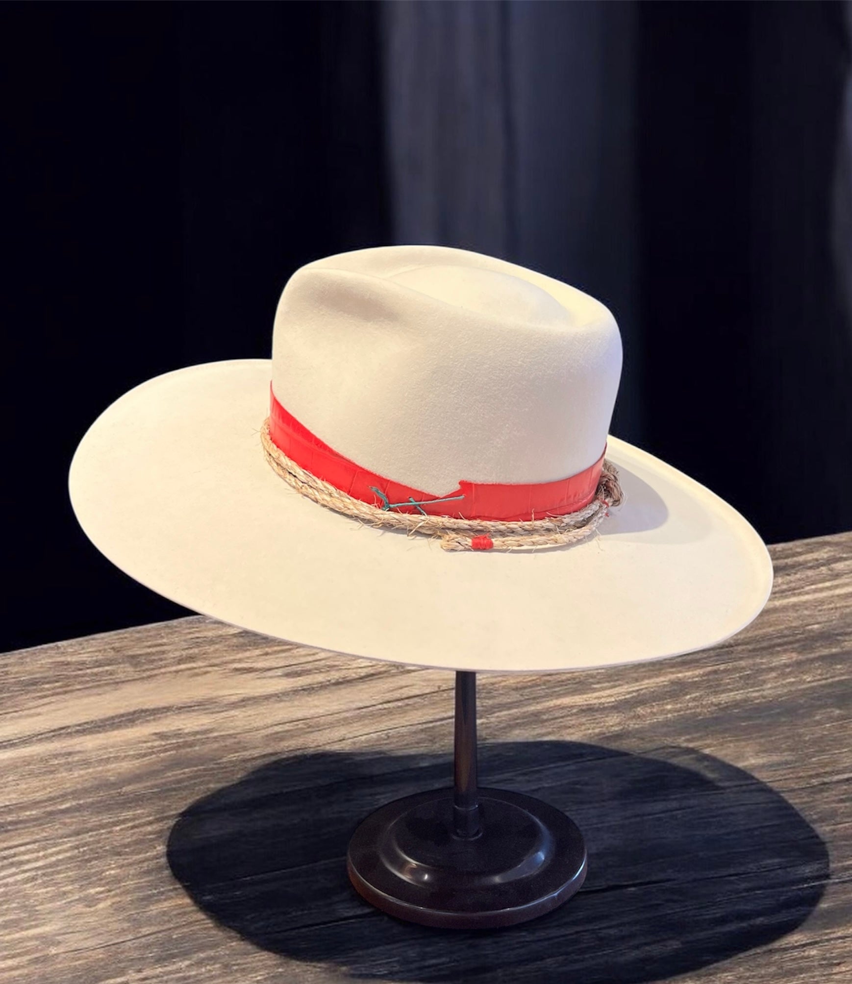 Brian Decosta - Beige Hat with Red Embossed Leather & Braided Twine