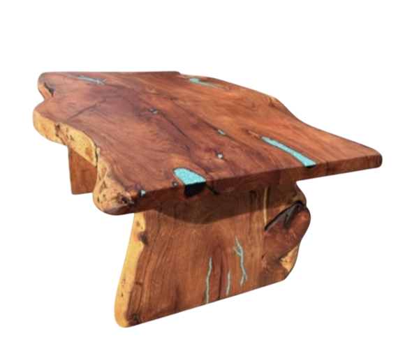 Mesquite Dining Table with Turquoise Inlay & Slab Base