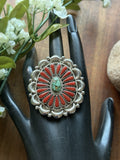 KW - Red Coral Sonoran Gold Turquoise Cluster Adjustable Ring