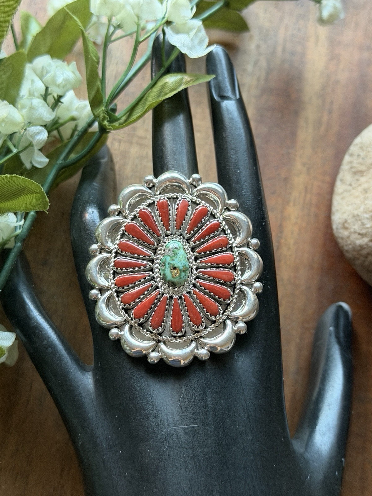KW - Red Coral Sonoran Gold Turquoise Cluster Adjustable Ring